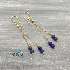 Beautiful Lapis Lazuli long dangle earrings made with gold filled or sterling silver. Delicate earrings that you can wear everyday or in any special occasion. Perfect touch for a sophisticated women who love be in style.  This gorgeous royal blue bead earrings are wire wrapped with a 14k gold filled or 925 sterling silver wire and chain. Something blue gift for weddings. September birthstone earrings. Lapis Lazuli : 4mm natural stone  14k gold filled chain 14k gold filled wire 14k gold bead 3mm GIFTS All my items are individually wrapped in a branded jewelry gift box. We can ship directly to your recipient. HOW TO ORDER: 1st Drop down menu * Select which STONE option you would like (See listing photos for options) 2nd Drop down menu * Select the material of you would like CONNECT WITH US F Gold Lapis Lazuli Earrings As Gift, Gold Lapis Lazuli Earrings For Gift, Gold Dangle Gemstone Linear Earrings, Gold Lapis Lazuli Pierced Jewelry, Sterling Silver Linear Earrings With Dangling Beads For Gift, Gold Lapis Lazuli Jewelry, Gold Lapis Lazuli Jewelry Set With Earrings, Blue 14k Gold-filled Dangle Earrings, Blue 14k Gold Filled Dangle Earrings