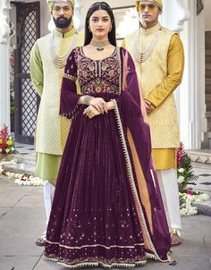 Dark Purple Anarkali style Salwar Suit Faux Georgette Salwar Kameez in Cording Embroidery, Sequins & Lace Work:Arabic Attire Anarkali Choli With Mirror Work For Eid, Festive Anarkali Churidar In Georgette, Anarkali Georgette Churidar For Diwali, Eid Anarkali Semi-stitched Churidar, Bollywood Anarkali Set In Georgette For Eid, Semi-stitched Floor-length Churidar For Diwali, Floor-length Semi-stitched Churidar For Diwali, Semi-stitched Dabka Anarkali Set For Festivals, Festive Semi-stitched Dabka Anarkali Set