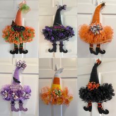 six halloween decorations are hanging on the wall in different styles and colors, including one witch's hat