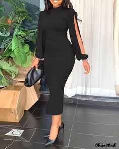 Color: black, Size: M Ghana Dresses, Corporate Dresses, Slim Fit Skirts, Church Attire, Corporate Dress, Material Dress, Classy Dress Outfits, Classy Work Outfits, Neck Bodycon Dress