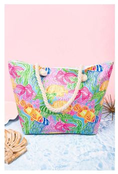 "Bahama Babe  Rope Handle Beach Bag Perfect summer bag for the beach, traveling, or for every day! 100% Polyester Zip Closure Fully Lined with Open Pocket Rope Handles with 10\" Drop 13.5\" Tall x 14\" Wide (Bottom) x 20\" Wide (Top) x 6.5\" Deep ORDERING INFORMATION Please put the following information in the \"Notes to Seller\" at checkout: 1. Name for Personalization  2. Please let me know what color of thread you would like. 3. Please select what font or monogram style you would like.  4. If selecting Monogram please give me your full name First Middle Last. I will put name in the correct monogram order. Please don't hesitate to request a preview of the font before ordering to make sure you like it. I'M A EMBROIDER THAT PURCHASES ITEMS TO ADD PERSONALIZATION TO! ALL ITEMS IN MY SHOP AR Beach Tote Bag With Bamboo Handle For Beach Season, Multicolor Beach-style Shoulder Bag For Beach Season, Large Capacity Beach Bag For On-the-go, Personalized Rectangular Beach Bags, Summer Beach Bag With Zipper Closure, Rectangular, Personalized Beach Bags, Monogram Tote Bags, Monogram Tote, Beach Tote