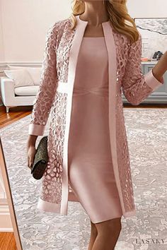 Lasaky - Sophisticated Two-Piece Set with Long Sleeve Lace Details Long Sleeve Suit, Mom Stuff, Elegant Pattern, Lace Cardigan, Mini Robes, Casual Lace, Lace Fashion, Dress With Cardigan, Lace Design