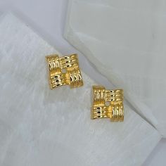 18K Brazilian gold filled earrings Gold Rectangular Earrings For Gift, Gold Rectangular Jewelry With Matching Earrings, Rectangular Yellow Gold Earrings For Gifts, Tarnish Resistant Rectangular Gold Plated Earrings, Handwoven Gold Earrings For Summer, Elegant Square Tarnish Resistant Earrings, Tarnish Resistant Yellow Gold Rectangular Earrings, Yellow Gold Rectangular Earrings, Gold Square Earrings With Tarnish Resistance