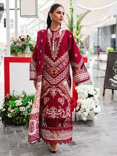 Classic Cherry Red Pakistani Salwar Kameez Embroidered Salwar Suit Pink Kameez, Embroidered Salwar, Lawn Design, Pakistani Salwar, Indian Salwar Kameez, Dress Salwar Kameez, Pakistani Salwar Kameez, Boutique Dress Designs, Periwinkle Blue