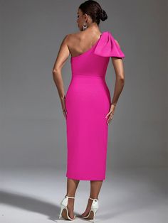 Look gorgeous in this striking pink bandage slim evening dress. Perfect for a special event or cocktail at night, its sleek cut and fabric will flatter your figure and have you looking stunning. Stand out from the crowd and show off your style. You'll be the center of attention and make a lasting impression with this beautiful dress. Let yourself shine and create a timeless silhouette that will make you feel confident and glamorous. Enjoy a night you'll never forget! Note: 1. The measurements in Pink Bow Dress, Figure Flattering Dresses, Bandage Midi Dress, Ruffle Midi Dress, Pink Ruffle, Stretch Dress, Bandage Dress, Dress First, Dress With Bow