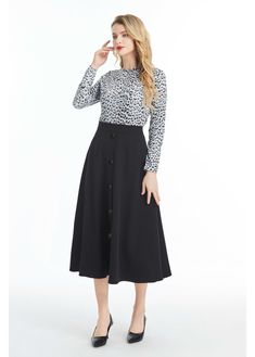 Fully Lined Black Midi Skirt with Front Button Detail - MissFinchNYC