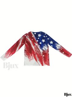 Bjux - Womens Flag Print Crew Neck T-Shirt: Versatile Long Sleeve Casual Top for Spring & Fall Fashion Long Sleeve Shirt With Sublimation Print For Summer, Summer Long Sleeve Shirt With Sublimation Print, White Long Sleeve Tops For Independence Day, Stretch Crew Neck T-shirt With All Over Print, White Stretch Top With Sublimation Print, White Long Sleeve T-shirt For Independence Day, Red Long Sleeve Top For 4th Of July, Red Long Sleeve Tops For 4th Of July, Patriotic Long Sleeve Tops For Summer