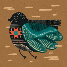 an illustration of a bird sitting on top of a piece of brown paper with blue and red designs