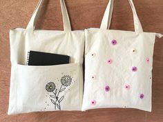 "~~ Flower Art Canvas Bag With Pocket And Mini Flowers Embroidery Canvas Bag With Zipper ~~ >> FLOWER ART CANVAS BAG WITH SMALL  POCKET / ZIPPER. << # Material / Color  :  Canvas Fabric / Off White Color ( Outside )                                     Lace Cotton Fabric / White Color ( Inside ) # Dimensions : Bag Height Height 13\" x Width 12\" ( Inches )                            Strap Height 18\" ( Inches ) # Paint : Fervicryl Acrylic fabric Paint # Features : Front Small Pocket & No.5 Zipper                   >> MINI FLOWERS EMBRIODERY CANVAS BAG WITH ZIPPER. << # Material / Color  :  Canvas Fabric / Off White Color ( Outside )                                      Lace Cotton Fabric / White Color ( Inside ) # Dimensions : Bag Height Height 13\" x Width 12\" ( Inches ) Puffy Paint Designs, Decorated Tote Bags, Painted Canvas Bags, Zipper Flowers, Embroidery Canvas, Simple Hand Embroidery Patterns, Embossed Bag, Mini Flowers, Painted Bags