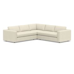 a white sectional couch with the corner section facing off to the side, on a white background