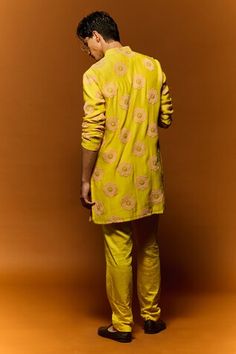 Yellow kurta with floral thread hand embroidery. Paired with a matching plain pant. - Aza Fashions Spring Festive Bandhgala With Gota Work, Spring Salwar Kameez With Gota Work And Long Sleeves, Spring Long Sleeve Salwar Kameez With Gota Work, Traditional Bandhgala With Gota Work For Spring, Traditional Spring Bandhgala With Gota Work, Spring Traditional Long Sleeve Wear With Dori Work, Bollywood Style Embroidered Kurta With Straight Pants, Spring Floral Embroidered Straight Kurta Bandhgala, Spring Bandhgala With Floral Embroidery And Straight Kurta