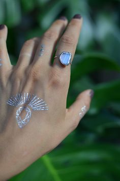 Handcrafted ring combines 925 sterling band with Blue Lace Agate gemstone. These gems display transparent layers of soft lavender, periwinkle blues, browns and milky whites. Blue Lace Agate is considered as the most calming and soothing stone. Glossy polished irregular shaped, each one will vary in shape and color. Top part of the ring contains combination of tin, copper, and silver. Lead, nickel free, hypoallergenic. All my work is custom made by hand with love and care at Eight Acorns© Silver Faceted Moonstone Ring In Sterling Silver, Adjustable Silver Jewelry With Natural Inclusions, Handmade Celestial Silver Opal Ring, Unique Blue Moonstone Jewelry, Blue Moonstone Sterling Silver Ring Gift, Silver Agate Jewelry With Faceted Detail, Ethereal Silver Crystal Ring With Gemstone, Blue Moonstone Ring In Sterling Silver As Gift, Adjustable Iridescent Gemstone Rings