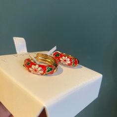 New In Gift Box. Never Tried On. 3/4” Hoops Beautiful Floral Design Red Enamel Hoop Earrings Gift, Red Enamel Hoop Earrings For Gifts, Red Hoop Earrings For Gift, Red Small Hoop Earrings, K Jewelry, Red Gold, Floral Design, Gift Box, Jewelry Earrings