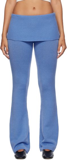 Flared knit acrylic-blend lounge pants. · Elasticized rib-knit foldover waistband · Rib-knit cuffs Supplier color: Blue moon Knitted Pants Pattern, Knitted Pants, Blue Sweatpants, Knit Ideas, Frankies Bikinis, Pink Knit, Knit Bodysuit, Sleepwear & Loungewear, Knit Pants