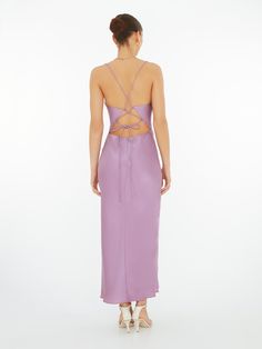 The Riviera in sweet Lavender Violet. Featuring a cowl neck with lace up back detailing, in 100% silky soft recycled fabric. Enjoy. Winter Ball Dresses, Winter Ball, Purple Midi Dress, Pretty Prom Dresses, Purple Satin, Midi Cocktail Dress, Satin Midi Dress, Slim Dresses, Affordable Clothes