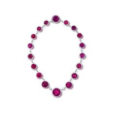 This gorgeous platinum necklace features 90.00 total carats of top quality graduated round brilliant cut rhodolite garnets crowned with halos of 7.00 total carats of G-H color, SI clarity round brilliant cut diamonds. Reference code: 26726Shop other beautiful pieces in our Necklace Collection. For inquiries on the piece please contact: boutique@shsilver.com Luxury Round Ruby Bridal Necklace, Classic Red Diamond Luxury Necklace, Rhodolite Jewelry, Luxury Ruby Diamond Necklace With Accents, Ruby And Diamond Necklace 1stdibs, Luxury Garnet Classic Necklace, Bvlgari Necklace, Bvlgari Jewelry, Pink Gem