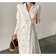 Regular Fit Plain Lapel Collar Long sleeve Urban Midi Dress Long Sleeve Midi Dress With Buttons For Semi-formal Occasions, White Single-breasted Formal Dress, Semi-formal Long Sleeve Pleated Dress, Formal White Single-breasted Dress, Pleated Long Sleeve Semi-formal Dress, Long Sleeve Pleated Semi-formal Dress, Elegant White Long Sleeve Evening Dress, White A-line Long Sleeve Dress For Fall, White Single-breasted Dress For Formal Occasions