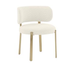 a white chair with wooden legs and a seat cushion on the back, in front of a