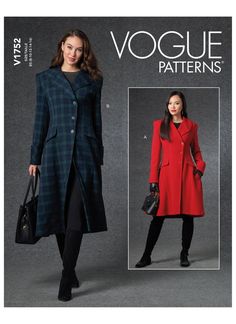 a women's coat and dress sewing pattern with pockets, collared neckline