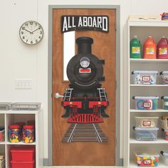 a door with an image of a train on it