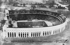 an aerial view of the football stadium in black and white, with many people on it