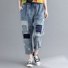 Patchwork Denim Pants 2020 Summer New Elastic Waist Hole Tie Casual Ankle-Length Women Vintage Jeans Pants L0047 Casual Wide Leg Patchwork Pants, Spring Patchwork Ankle-length Pants, Casual Patchwork Denim Blue Bottoms, Casual Denim Blue Patchwork Bottoms, Casual Patchwork Pants For Spring, Casual Spring Patchwork Pants, Casual Denim Blue Jeans With Patchwork, Casual Denim Blue Patchwork Jeans, Spring Patchwork Mid-rise Bottoms