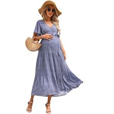 V-neck flared sleeve short sleeved long maternity dress 4456 blue floral print Long Maternity Dress, Maternity Sweater Dress, Maternity Long Dress, Wrap Sweater Dress, Maternity Nursing Dress, Maternity Tank Tops, Baby Shower Dresses, Pregnancy Maxi Dress, Nursing Dress