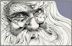 a black and white drawing of santa claus looking at something in his eyeglasses