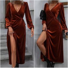 Fall Velvet V-neck Dress For Night Out, Elegant Long Sleeve Ruched Velvet Dress, Long Winter Party Dresses, Winter Party Long Dress, Long Dress For Winter Party, Fall Ruched Midi Dress For Dinner, Winter Maxi Length Dinner Dresses, Winter Dinner Maxi Dress, Long Party Dress For Fall