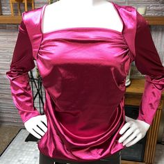 Andrew Marc Metallic Ruched Long Sleeve Blouse Pink R Ruched Party Blouse For Fall, Ruched Fitted Top For Party, Ruched Fitted Blouse, Stretch Ruched Blouse For Party, Elegant Tops With Ruched Sides For Evening, Party Blouse With Ruched Fitted Top, Elegant Evening Tops With Ruched Sides, Chic Party Tops With Gathered Neckline, Fall Evening Ruched Blouse