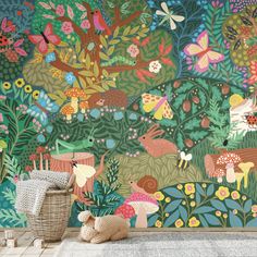 an animal themed wallpaper mural in a living room