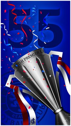 a silver trophy with red, white and blue streamers around it on a blue background