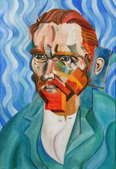 a painting of a man's face with multicolored squares on his face