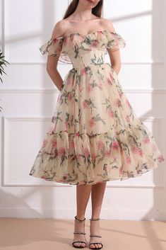 Corset Off the Shoulder Floral Print Organza Tiered Dress Short Sleeve Organza Dresses For Garden Party, Spring Off-shoulder Organza Dress, Floral Print Organza Dresses For Garden Party, Organza Floral Print Garden Party Dress, Feminine Floral Print Organza Dress, Organza Short Sleeve Dress For Garden Party, Organza Dresses For Garden Party, Spring Floral Print Organza Dress, Summer Floral Print Organza Dress