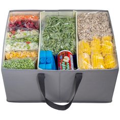 a cooler filled with lots of different types of vegetables and fruit in it's compartments