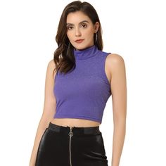 This shiny top is designed with a keyhole back and a sleeveless cropped design, which is perfect for party wear. A fine sleeveless top is cut in a chic silhouette to shine on any occasion in this stylish top. This women's top is suitable for fall and winter as a basic layering with a jacket or coat and is perfect for your everyday collection. Purple Tops For Night Out Party Season, Purple Tops For Party Season Night Out, Cropped Tank Top For Party, Glamorous Sleeveless Crop Top For Club, Trendy Sleeveless Halter Top For Party, Cropped Tops For Club And Party Season, Cropped Top For Night Out Party Season, Trendy Crop Top Tank Top For Night Out, Purple Stretch Party Tops