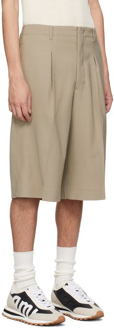 Viscose- and virgin wool-blend twill shorts. · Belt loops · Four-pocket styling · Button-fly · Inverted box pleats at front · Creased legs · Partially lined Supplier color: Light taupe Twill Shorts, Box Pleats, Long Shorts, Color Light, Wool Blend, Wool, Color