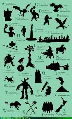 the silhouettes of different types of people and animals are shown in black on a green background