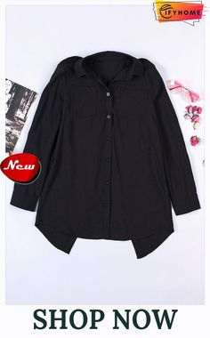 Black Chest Pockets Split Button-up Boyfriend Shirt Casual Black Top With Button Cuffs, Black Tops With Buttons And Casual Collar, Oversized Black Tops With Buttons, Oversized Black Top With Buttons, Black Shirt With Lapel Collar For Fall, Black Button-up Top With Placket, Casual Black Shirt With Lapel Collar, Black Shirt With Lapel Collar And Placket, Casual Black Shirt With Placket