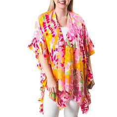 The one size Ruffle Kimono is a great addition to your swim and resort wear. Perfect length for great coverage, with ruffle trim detail along sides and fun prints. Fun sea life or bright florals are great for the pool, beach or over your favorite white jeans. Details & Care One Size 100% Viscose Hand wash. Hang dry. Imported Playful Swimwear With Upf 50+ For Spring, Playful Swimwear With Upf 50+, Playful Upf 50+ Swimwear For Spring, White Floral Print Swimwear For Beach Cover-up, Spring Multicolor Swimwear For Beach Cover-up, Playful Ruffled Swimwear For Summer, Casual Ruffled Swimwear For Beach, Casual Ruffled Swimwear For Vacation, Pink Swimwear With Upf 50+ For Vacation