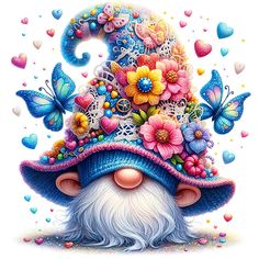 a painting of a gnome with flowers and butterflies on it's head, surrounded by hearts