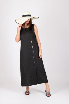 Linen Sleeveless Dress, Summer Dress, Black Linen Dress, Womens Evening Dress, Party Dress, Maxi Dress, Straight Linen Dress Handmade in a Pet-free and Smoke-free environment. Made of : linen The model wears size M - 5,6' / 170 cm Available Size: XS, S, M, L, XL, 2XL, 3XL, 4XL, 5XL - you can customized your dress For Custom size - ask me. CARE Machine Wash 30oC Hand Wash with warm water Medium hot iron Thank you for visiting my shop. www.etsy.com/shop/EUGfashion www.EUGfashion.com e-mail: office Black Sleeveless Linen Dress For Spring, Sleeveless Black Linen Dress For Spring, Black Sleeveless Linen Dress Casual, Casual Black Sleeveless Linen Dress, Chic Black Sleeveless Linen Dress, Elegant Black Sleeveless Linen Dress, Sleeveless Linen Dress With Buttons For Spring, Fitted Sleeveless Linen Dress Casual, Casual Fitted Sleeveless Linen Dress