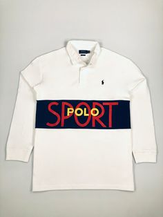 This shirt's logo is from Ralph Lauren's athletic-themed Spring 1991 collection, which featured "Polo Sport" branding prior to the official launch of Polo Sport.   DETAILS Classic Fit: Polo Ralph Lauren's roomiest silhouette. Cut for a lower armhole and a fuller sleeve that falls closer to the elbow. Twill rugby collar. Three-button placket. Rubber buttons. Long sleeves with ribbed cuffs. Archival "Polo Sport" logo printed at the center chest. Even vented hem. Signature embroidered Pony at the l Polo Outfit Men, Balenciaga Shirt, Sport Branding, Polo Outfit, Dump Ideas, Sport Logo, Polo Sport, Rugby Shirt, Silhouette Cut