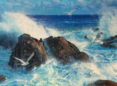 a painting of seagulls flying over rocks in the ocean with waves crashing on them