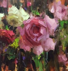 an oil painting of pink and white roses