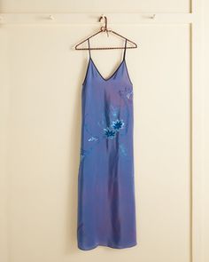 Silk Embroidered Maxi Dress For Evening, Silk Maxi Dress With Floral Embroidery For Evening, Evening Embroidered Silk Maxi Dress, Purple Silk Slip Dress For Evening, Embroidered Silk Evening Dress, Purple Silk Dresses With Floral Embroidery, Hand Dyed Sleeveless Spring Dress, Purple Silk Bohemian Dress, Purple Silk Evening Slip Dress