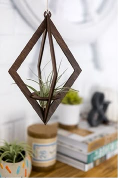 an air plant hanging from a wooden frame on a table next to books and plants