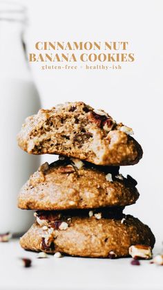 cinnamon nut banana cookies stacked on top of each other next to a glass of milk