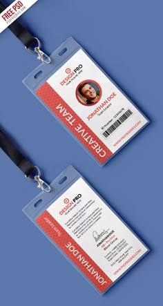 two id cards with lanyards attached to each other on a blue and white background