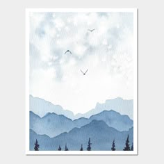 watercolor painting of mountains with birds flying in the sky